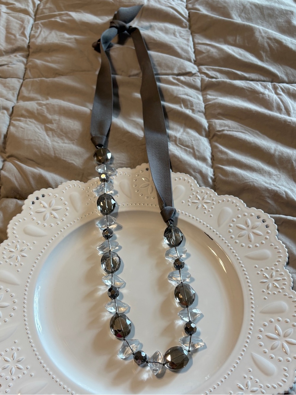 Grey Ribbon Crystal Necklace - Women Jewelry